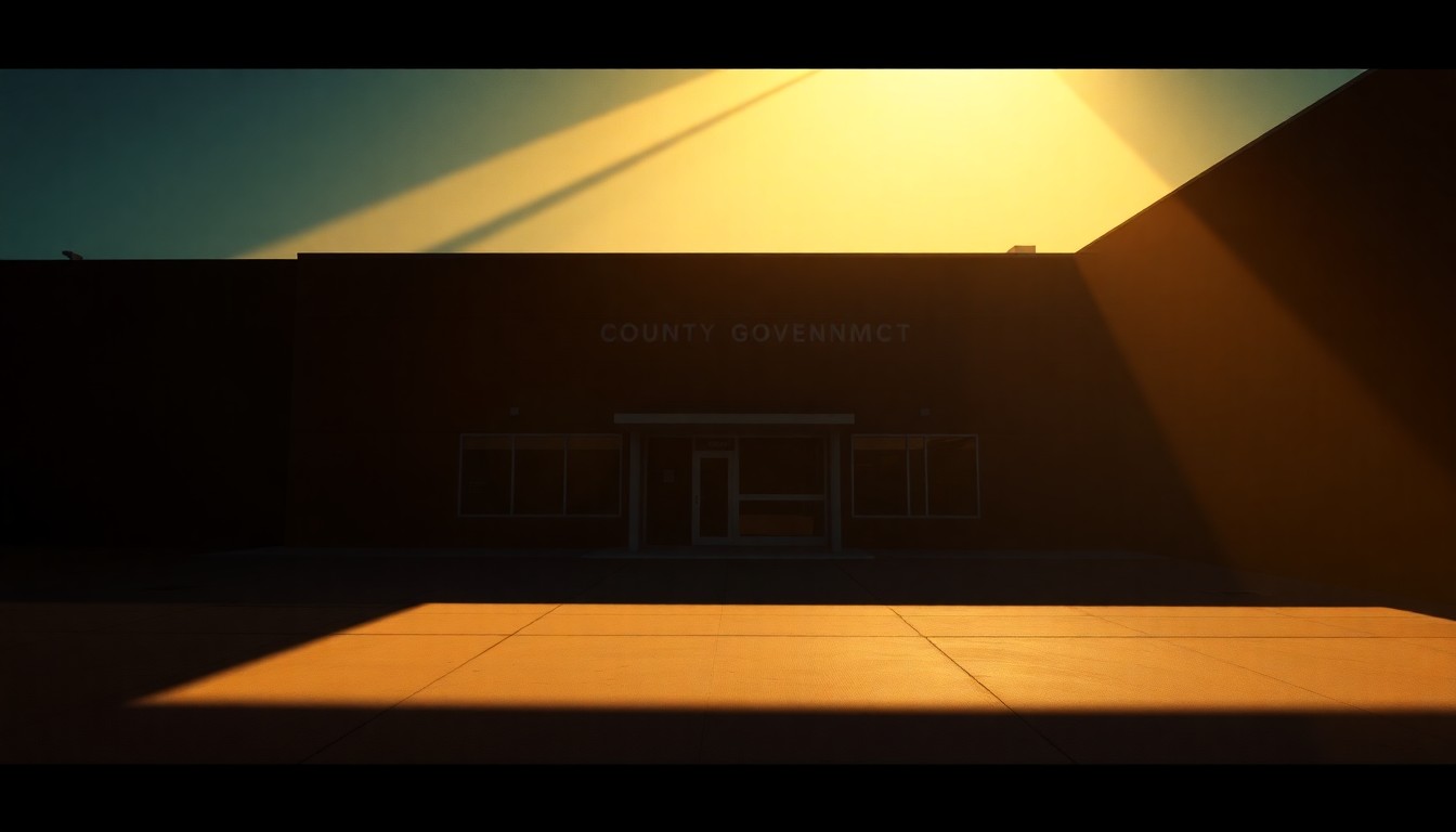 A serene, cinematic painting of an empty county government office building, with warm sunlight streaming through the windows and deep shadows cast across the interior. The scene conveys a sense of transition and anticipation for the future.