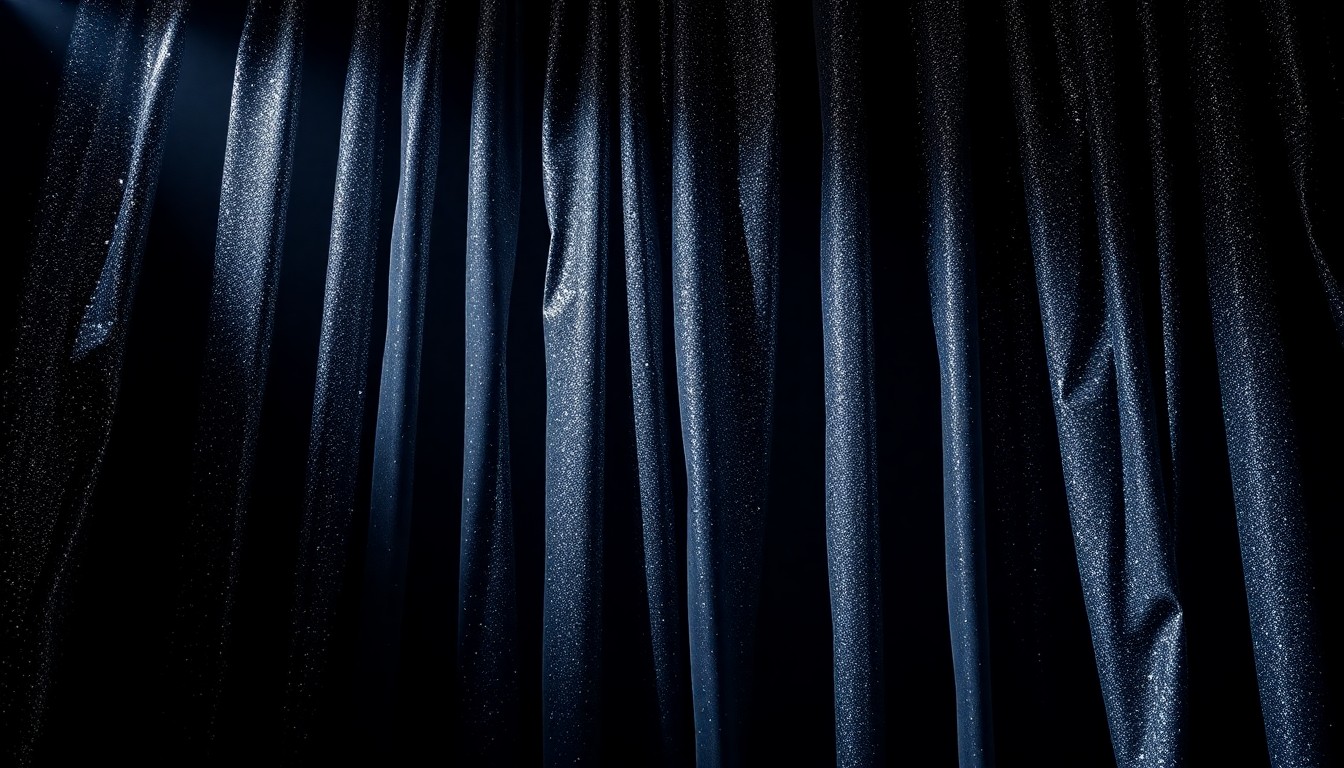 An extreme close-up of a heavily textured, crumpled stage curtain with a glittering, high-contrast surface, conveying a sense of glamour and tragedy.