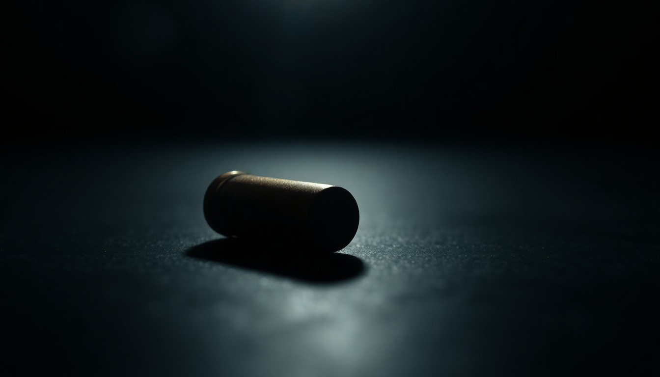 An extreme close-up photograph of a single spent bullet casing on a dark surface, lit by a harsh camera flash, conceptually representing the aftermath of a tragic youth shooting.