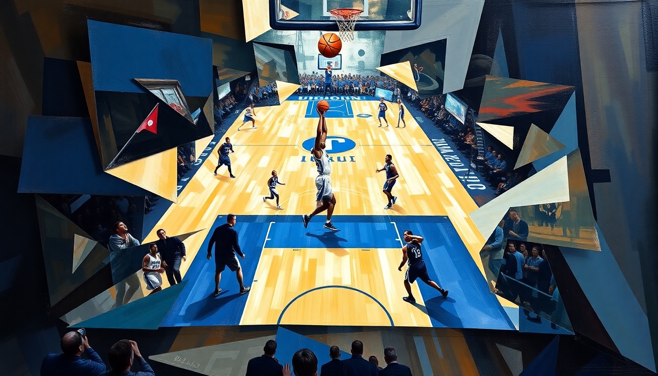 A fragmented, geometric painting depicting the final moments of the UConn vs Duke game, with the basketball and players broken down into abstract shapes and angles, capturing the chaos and drama of the last-second heroics.