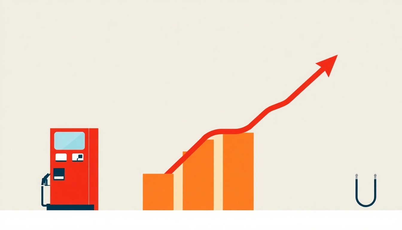 A minimalist illustration using bold geometric shapes and primary colors to represent the rising trend of gas prices, conveying the economic impact through an abstract visual metaphor.