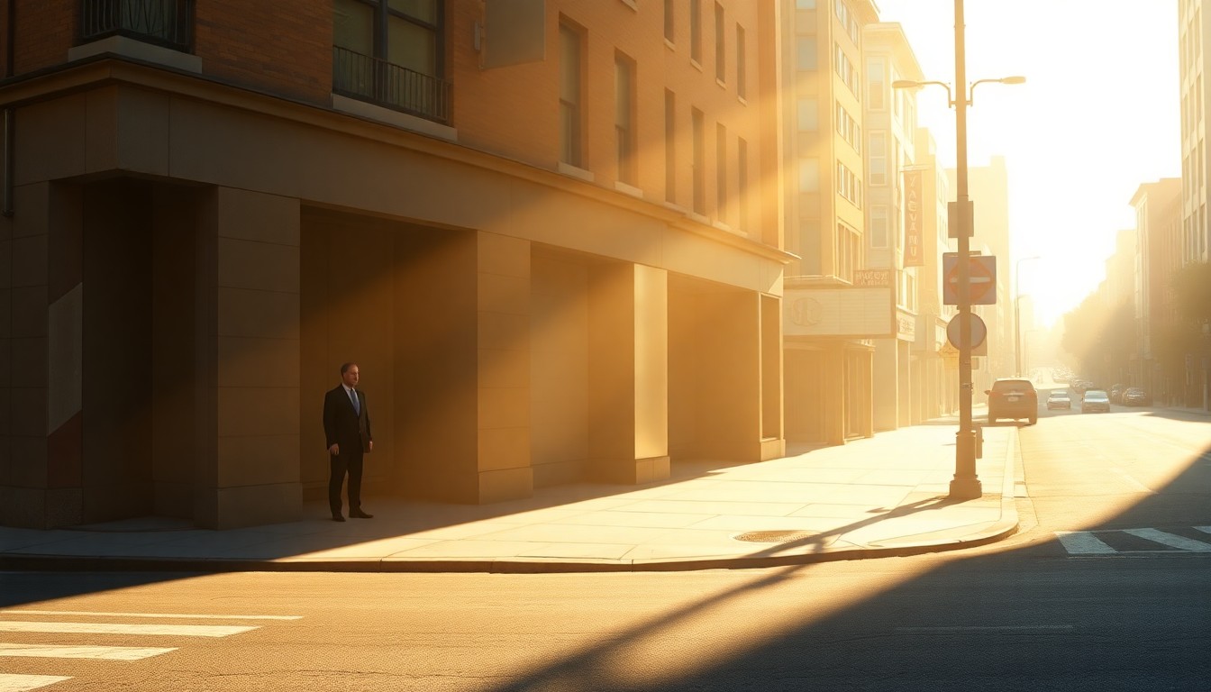 A serene, cinematic painting of a deserted urban street corner, with warm sunlight casting long shadows across the pavement and a solitary, unidentified figure standing alone on the sidewalk, their face obscured by the light.