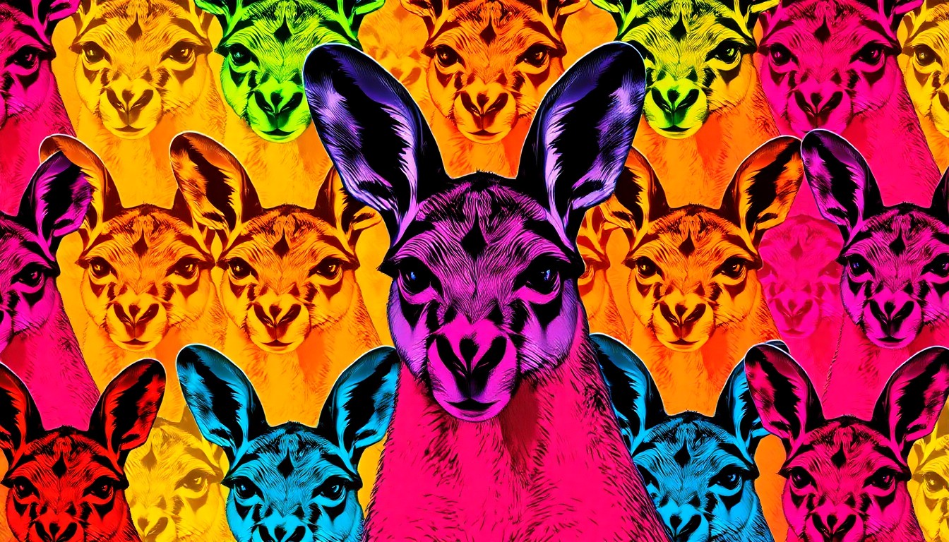 A highly stylized, vibrant silkscreen illustration of a kangaroo's head repeated in a grid pattern, using bold neon colors and heavy black outlines to capture the iconic imagery of the animal at the center of this story in a modern pop art style.