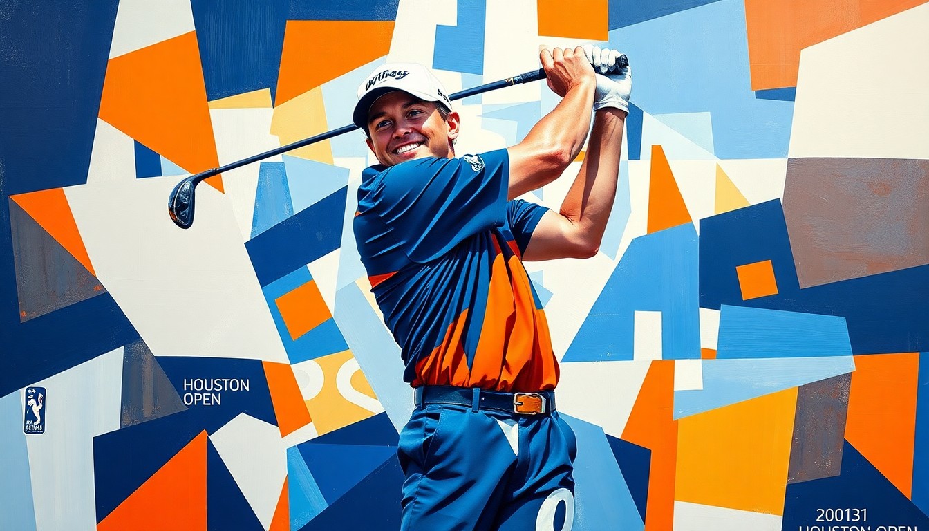 A cubist, geometric painting depicting Gary Woodland's golf swing and victory celebration, with sharp, overlapping planes in navy blue, orange, and white, conceptually representing the fractured emotions and determination behind his comeback win.