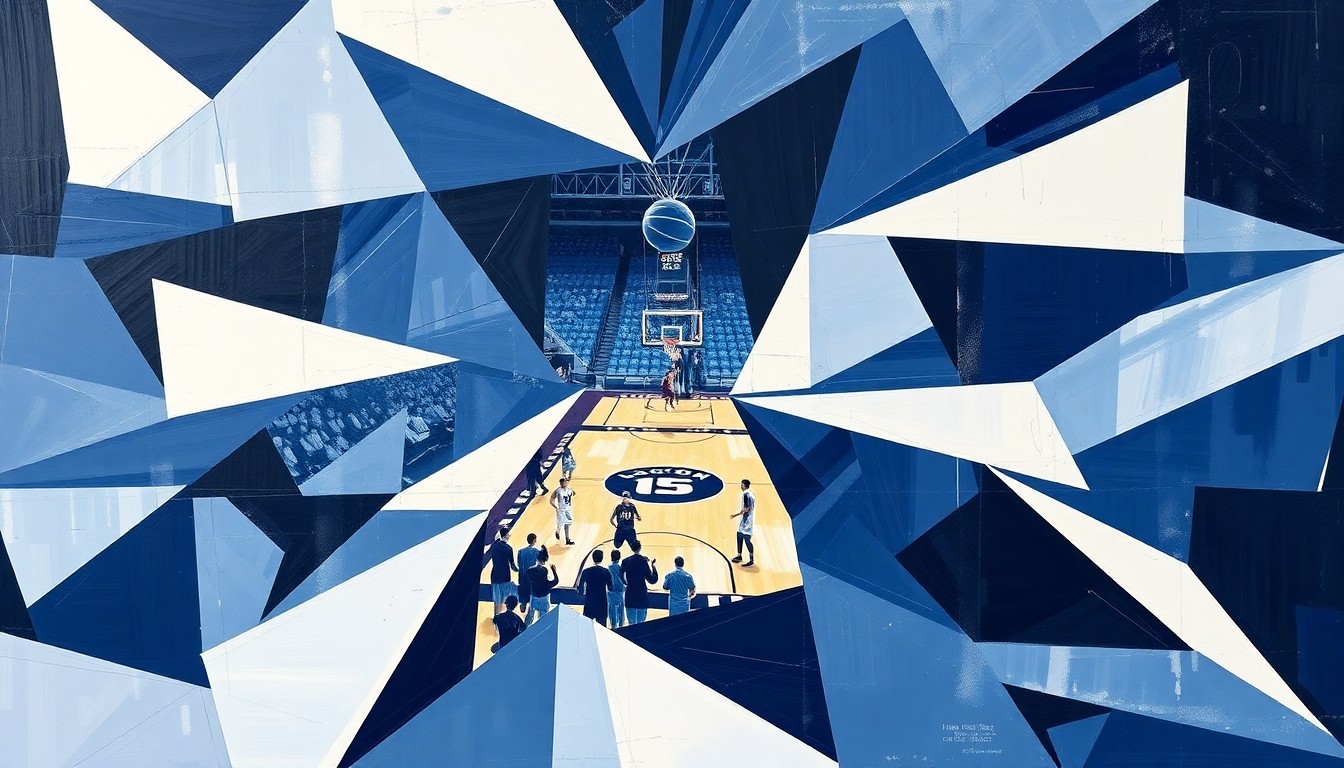 A cubist, geometric painting depicting a fragmented basketball game, with sharp, overlapping shapes in navy blue and white representing the energy and intensity of the UConn basketball programs.