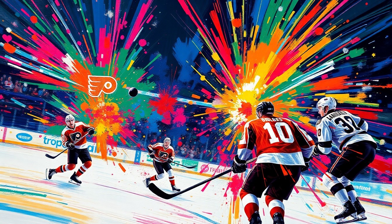 An abstract, expressionist painting in vibrant neon colors depicting the chaotic movements and energy of a hockey game, with the players and puck blending into a frenetic, painterly composition.