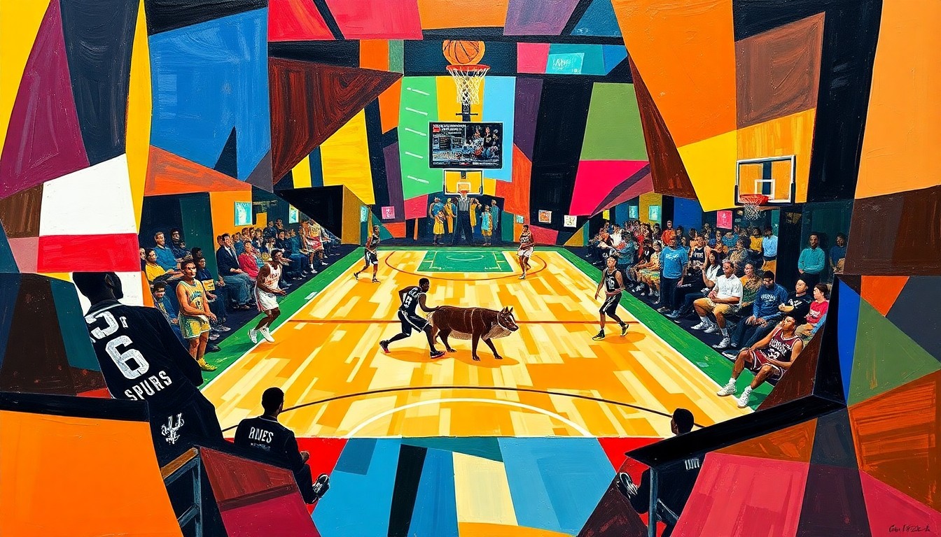 A cubist, geometric painting depicting a basketball game, with sharp, overlapping planes of color representing the players and action on the court.