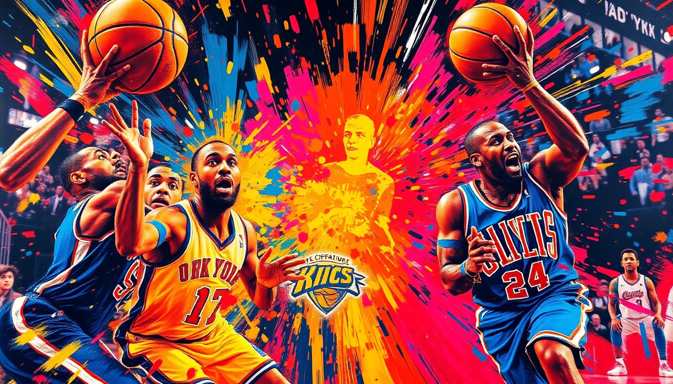 An abstract, expressionist painting in vibrant neon colors depicting the frenetic energy and movement of a high-scoring basketball game between two NBA teams.
