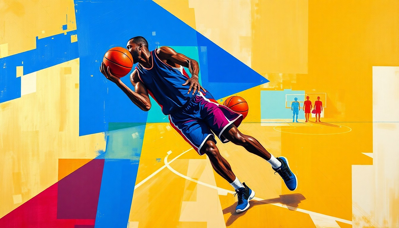 A cubist, geometric painting depicting the fragmented movements and presence of a basketball player on the court, using bold colors like blue, red, and gold to capture the dynamic energy of the sport.