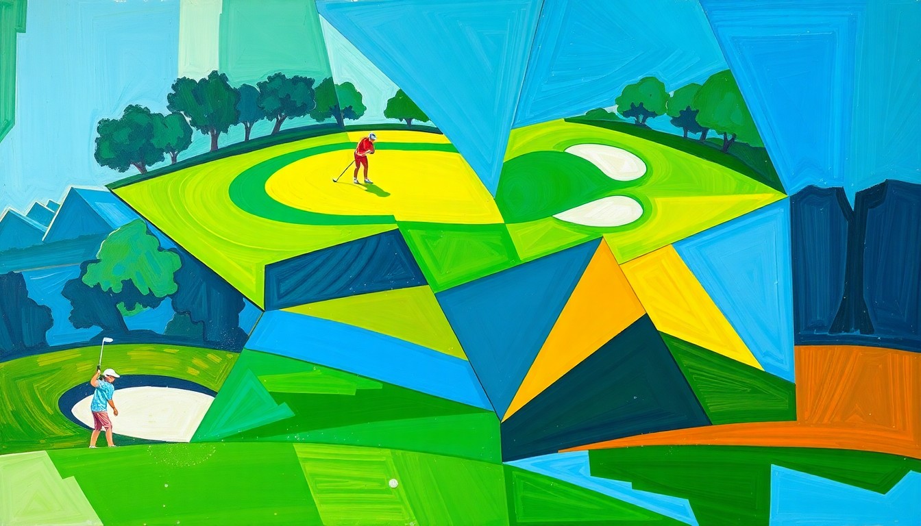 A fragmented, geometric painting depicting various elements of a women's golf tournament, such as golf clubs, balls, and players, in a cubist style with vibrant colors.