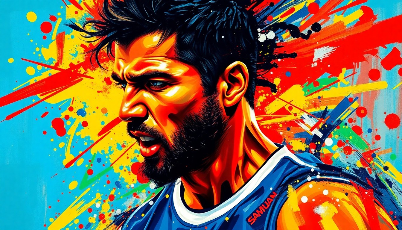 An abstract, expressionist painting featuring bold, neon-colored brushstrokes that capture the energy and movement of a basketball player, with their face and jersey number obscured in the vibrant, textured composition.