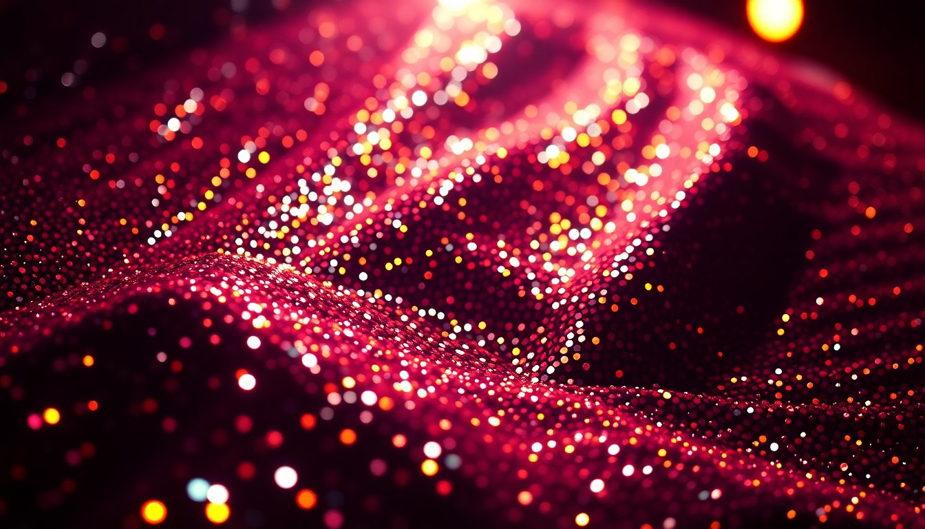 An extreme close-up photograph of shimmering, glittering sequins in dramatic high-contrast studio lighting, conceptually representing the luxurious, high-fashion aesthetic of a rock band's stage presence.
