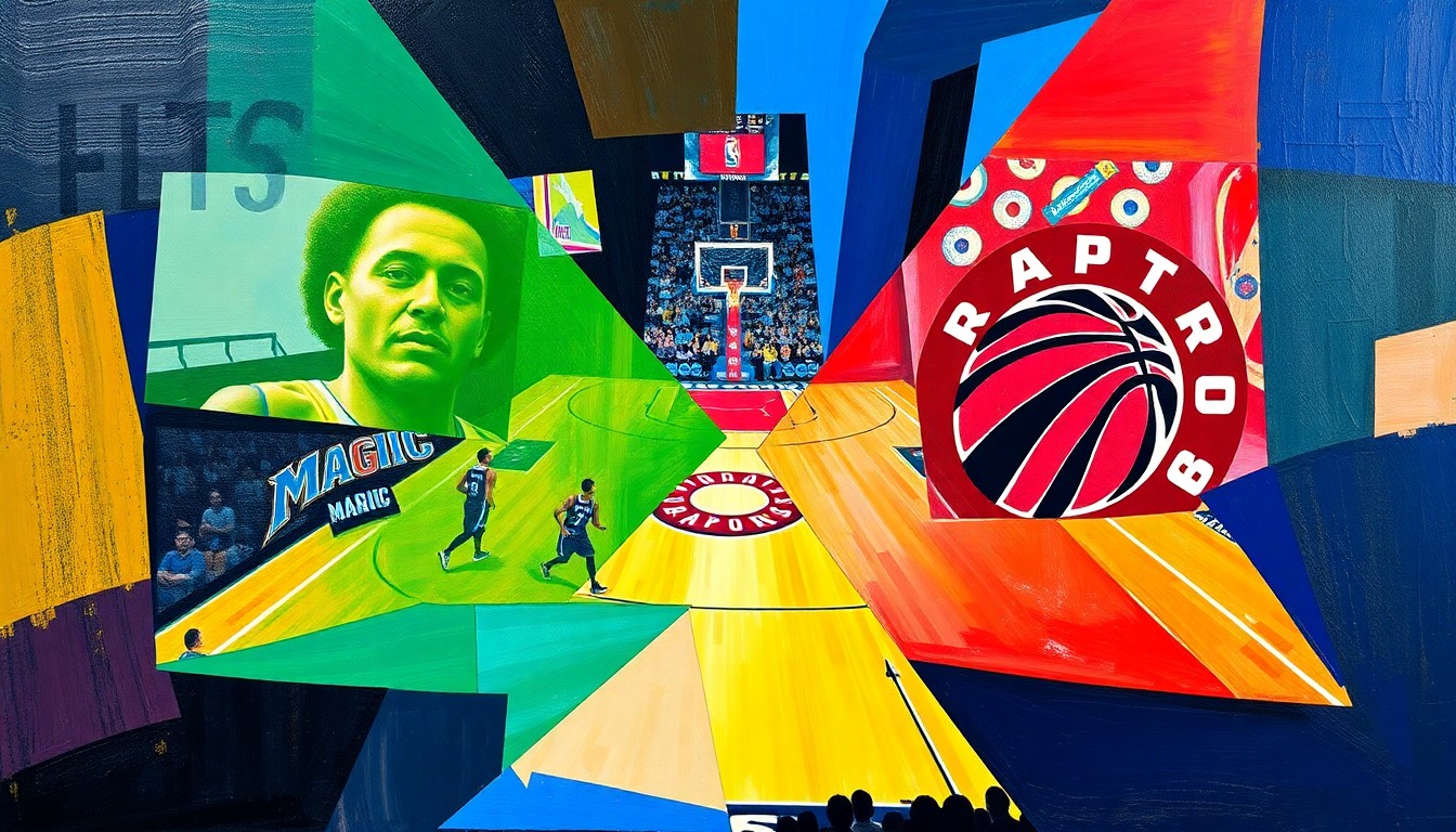 An abstract, cubist-style painting depicting a basketball game between the Orlando Magic and Toronto Raptors. The players, court, and game action are broken down into sharp, overlapping geometric shapes and planes in vibrant colors, creating a fragmented, multi-perspective visual representation of the match.
