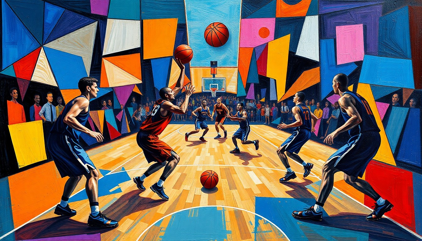 A cubist, geometric painting depicting a basketball game in abstract, fragmented forms, with players' bodies and the court broken down into sharp, overlapping shapes in vibrant colors.