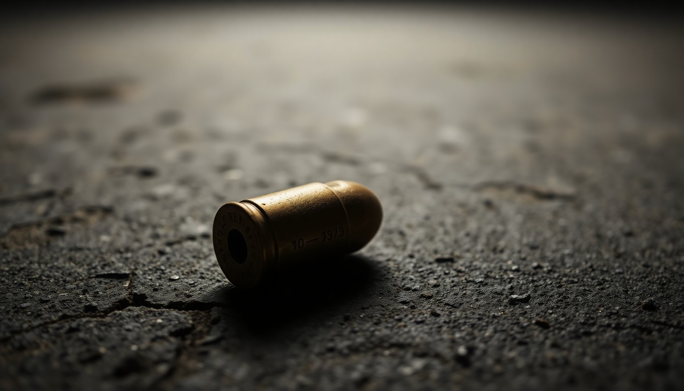 An extreme close-up of a spent shell casing on a dark concrete surface, reflecting a harsh, direct camera flash, conceptually illustrating the aftermath of a shooting incident.