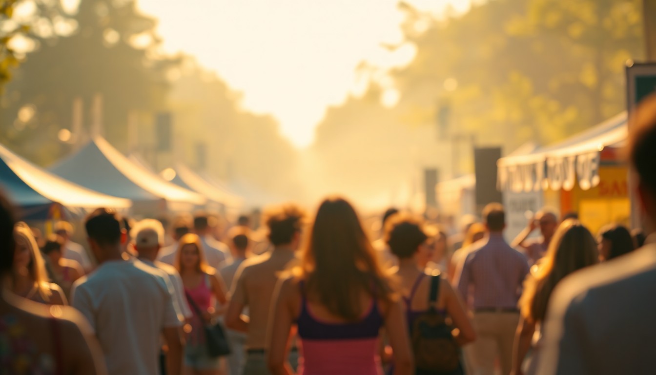 An abstract, impressionistic scene of an outdoor festival with blurred silhouettes of people, food vendors, and musicians set against a warm, hazy background of soft, glowing light effects, conceptually representing the vibrant energy and community spirit of the Healing Hearts Foundation's annual Party in the Park event.