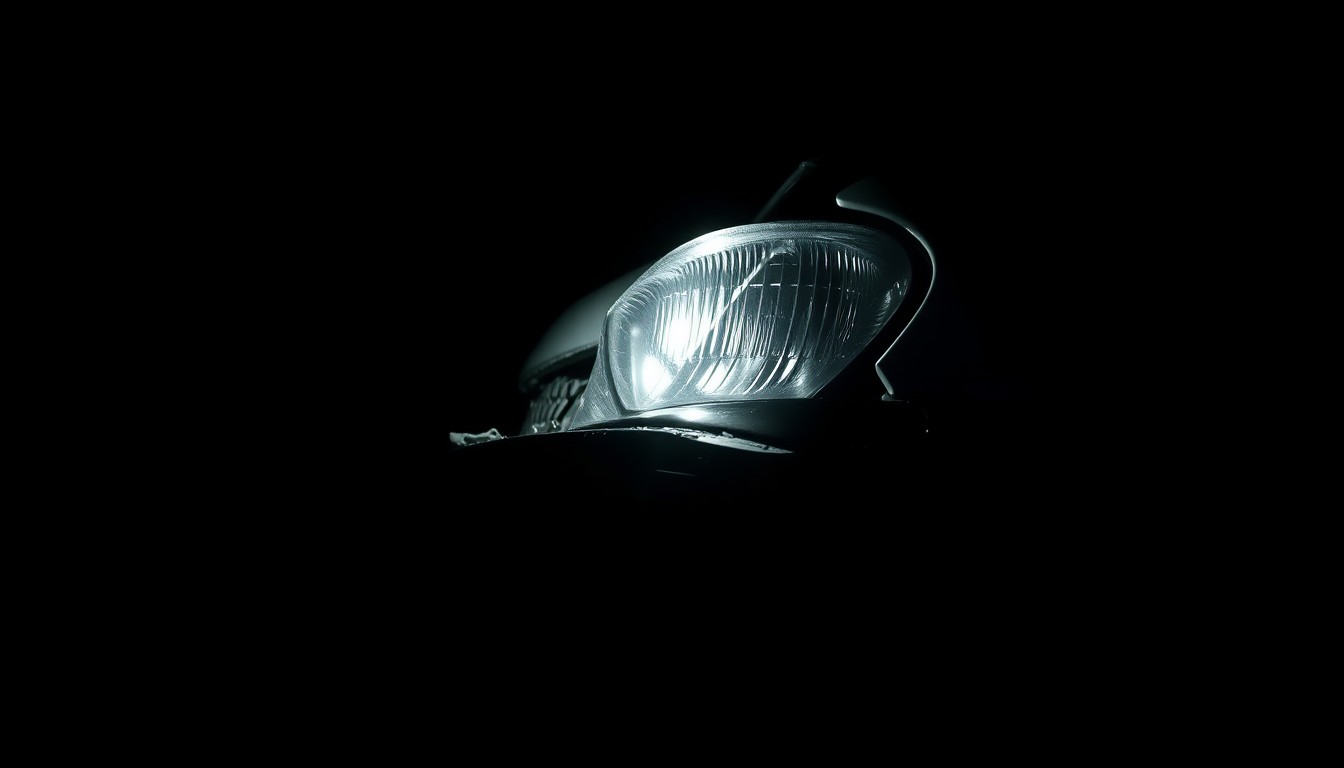An extreme close-up photograph of a damaged car part, such as a shattered headlight or crumpled metal, lit by a harsh flash against a dark background, conveying the gritty, investigative nature of the incident.