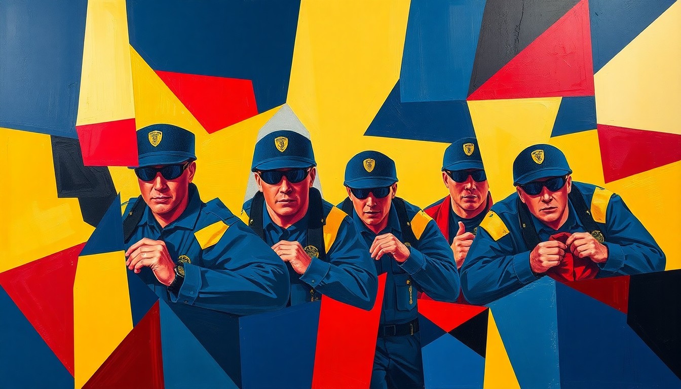 A fragmented, geometric painting in shades of blue, red, and yellow, depicting the chaotic motion and physical strain of a law enforcement relay race.