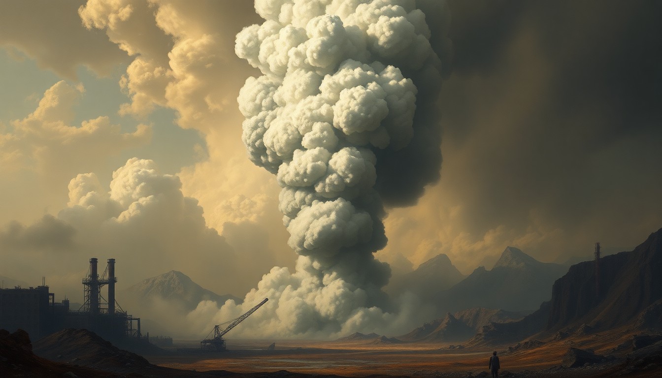 A sweeping, atmospheric landscape painting depicting a massive plume of smoke rising from the charred ruins of an industrial complex, dwarfed by the overwhelming scale of the natural environment.