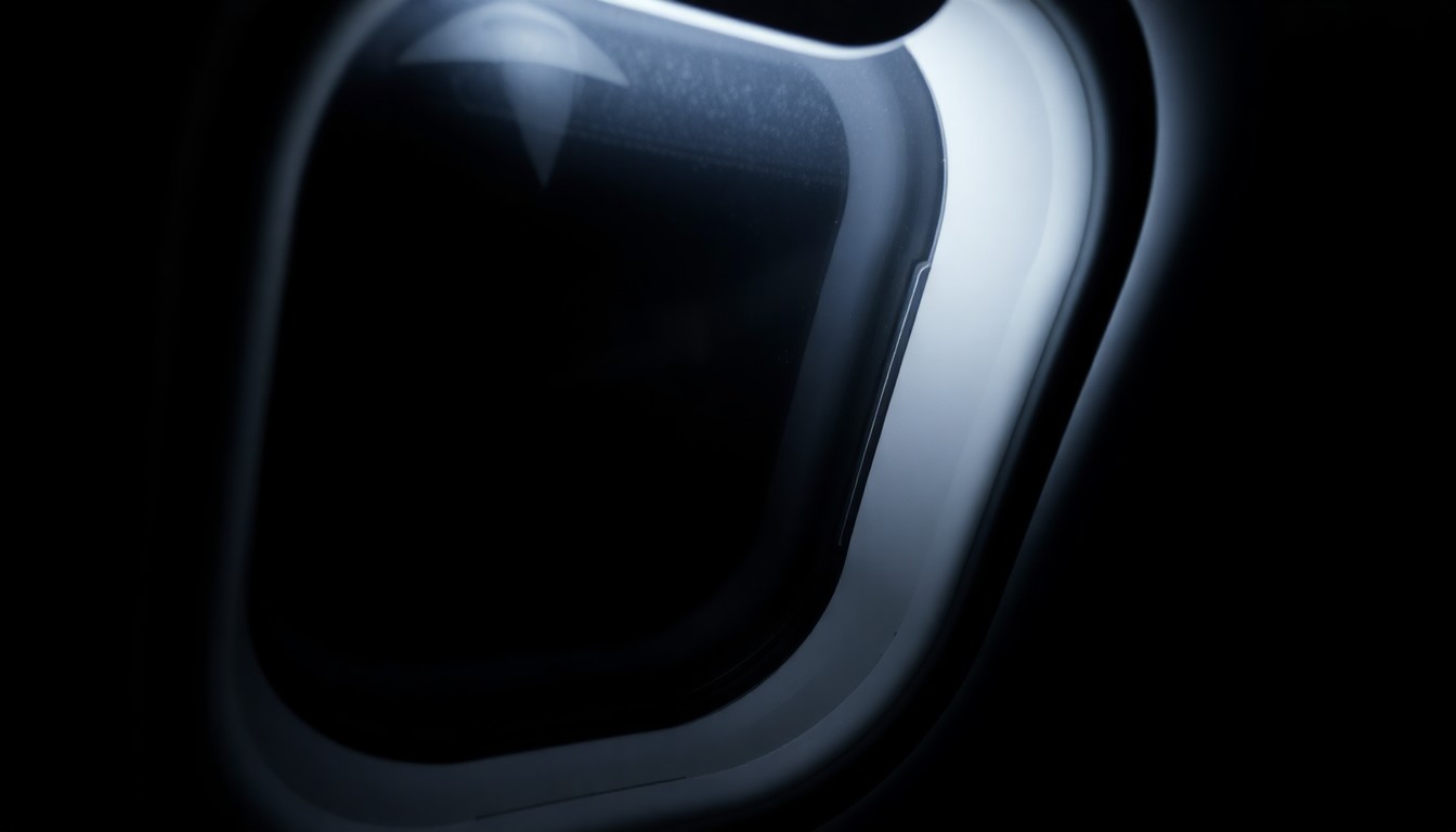 An extreme close-up photograph of a commercial airplane window frame and fuselage exterior, lit by a harsh, direct camera flash against a pitch-black background, capturing the gritty, investigative mood of the incident.