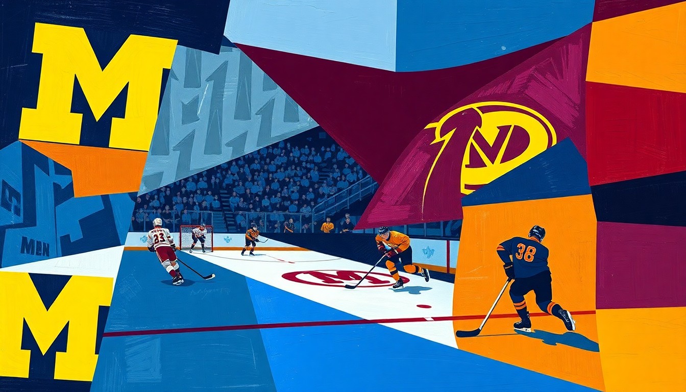 A cubist, geometric painting depicting the action and energy of a college hockey game, with the players and puck rendered in fragmented, overlapping shapes and planes of maize, blue, maroon, and gold.