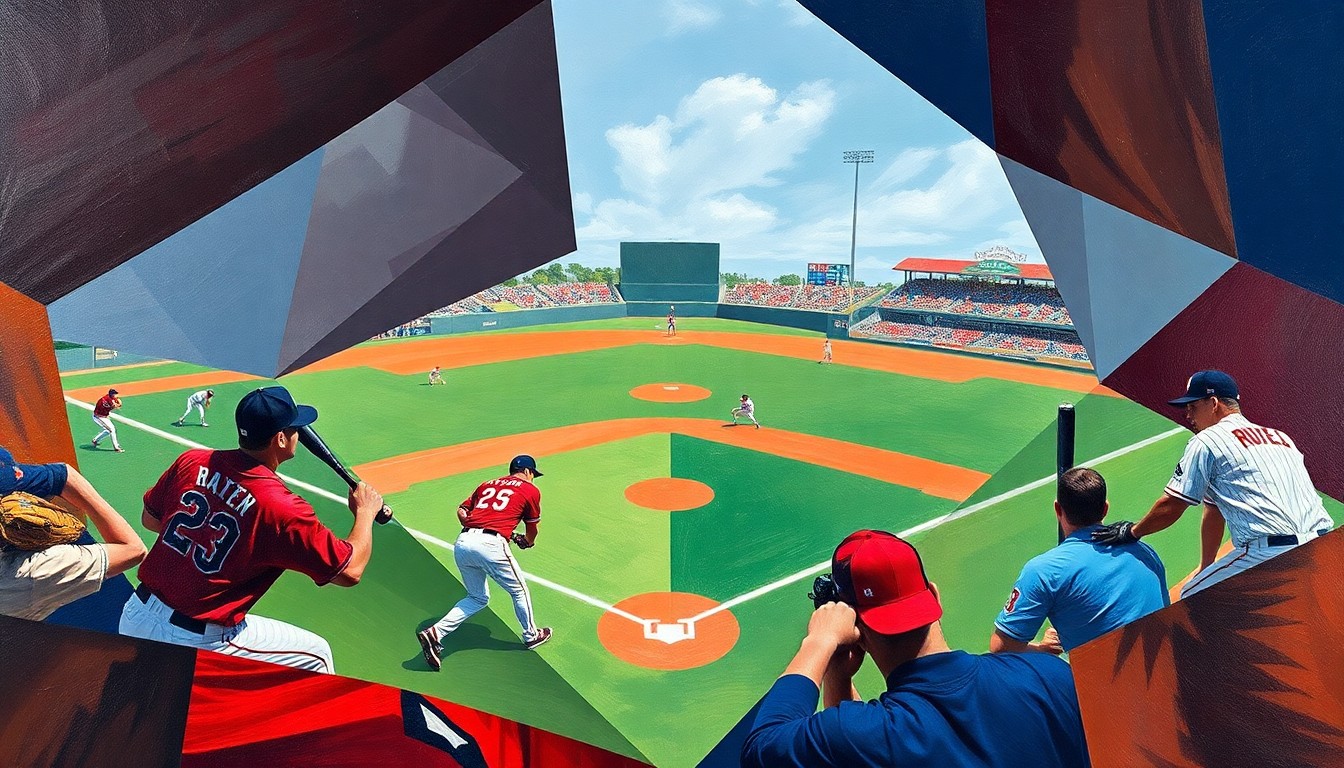 A fractured, geometric painting depicting the dynamic movements and energy of a college baseball game between two rival teams, with the players and field deconstructed into abstract shapes and planes in the teams' respective colors.