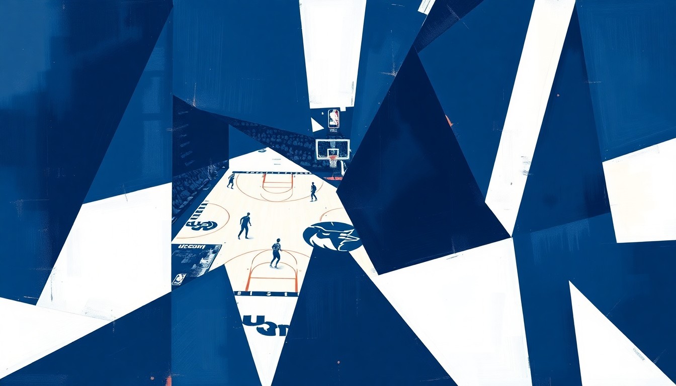 A cubist-style painting featuring fragmented, geometric shapes in navy blue and white, representing the dynamic action of a basketball game.