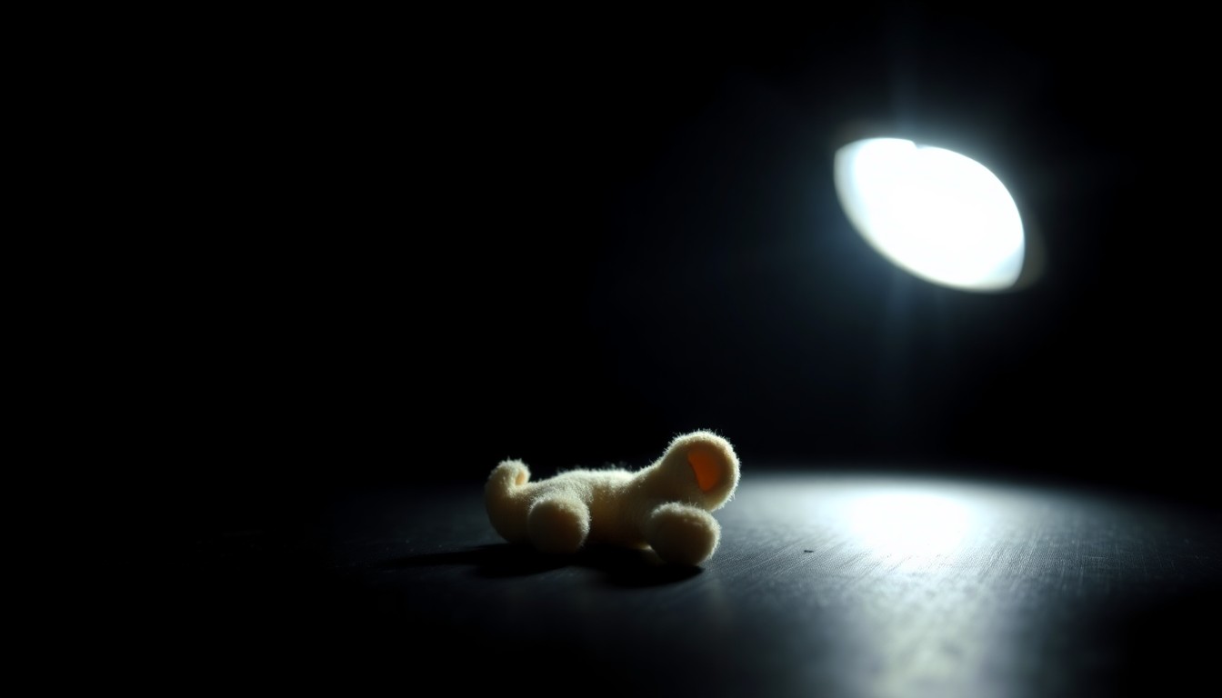An extreme close-up photograph of a small, fuzzy stuffed animal against a pitch-black background, dramatically lit by a harsh camera flash to create a stark, gritty, investigative aesthetic that conveys the serious nature of the crime without depicting any violence or victims.