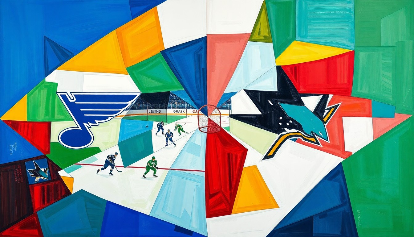 A cubist, geometric painting depicting the action of a hockey game, with players and the puck represented as fragmented, overlapping shapes in a vibrant color palette.