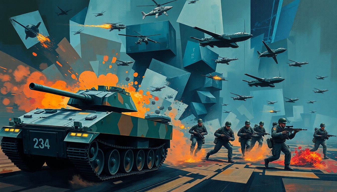 A dynamic, abstract painting composed of overlapping, fragmented shapes and lines in shades of blue, gray, and red, conveying a sense of movement and conflict related to the ongoing tensions between the U.S. and Iran.