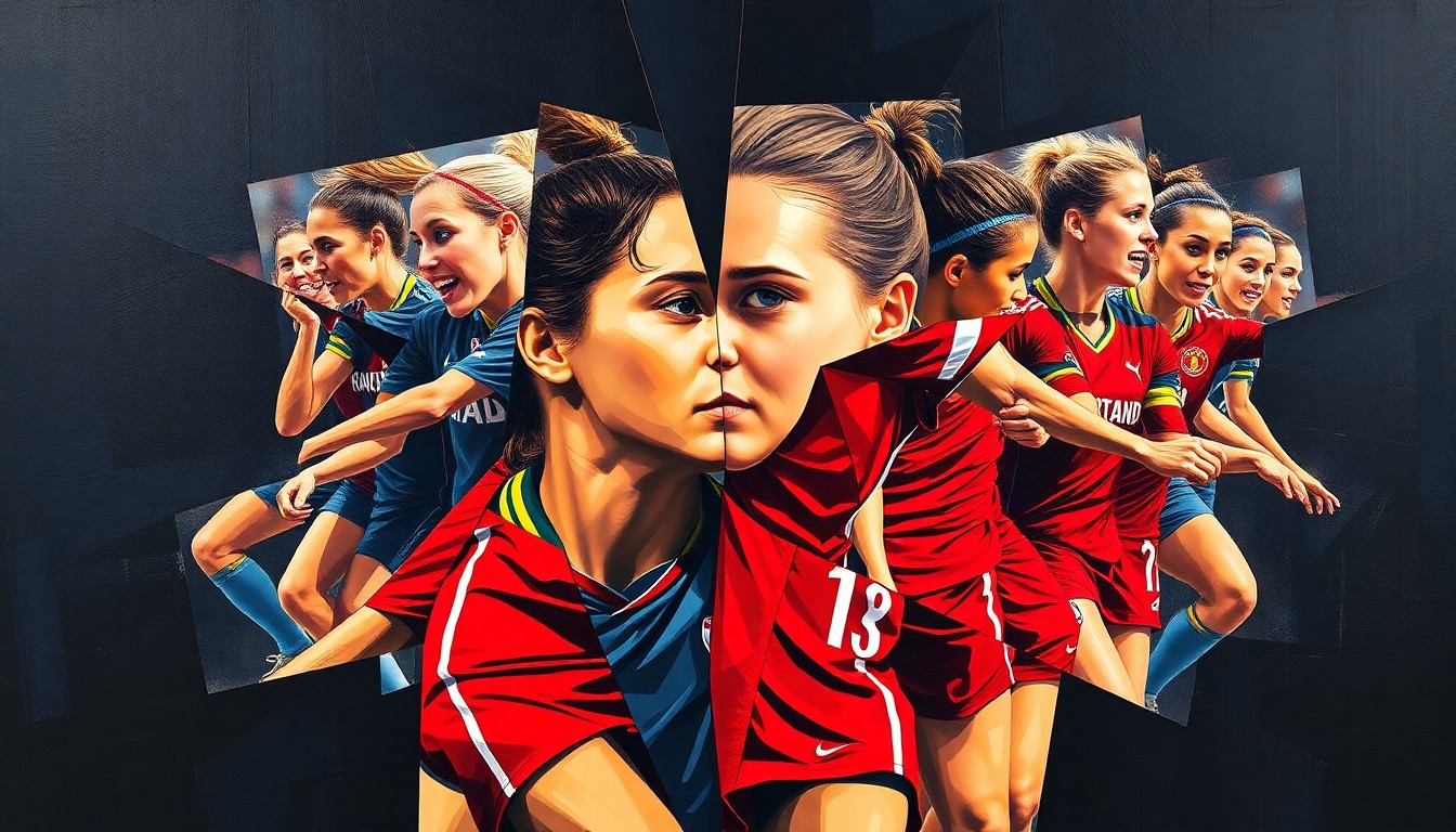 A cubist-style painting depicting the action of a women's soccer match, with the players and field broken down into sharp, geometric shapes in vibrant colors against a dark background, conveying the intensity and high stakes of the game.