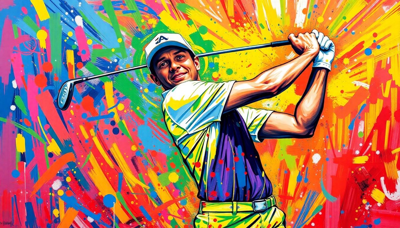 An abstract, expressionist painting in vibrant neon colors, capturing the raw energy and emotion of a golfer's triumphant swing and celebratory fist-pump, with the figures dissolving into unrecognizable brushstrokes.