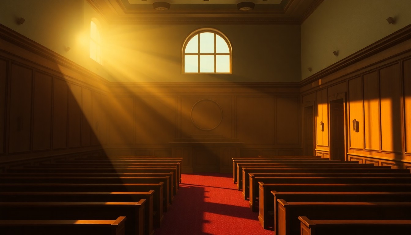A serene, cinematic painting of an empty courtroom interior with warm lighting and deep shadows, capturing the solemn atmosphere of the judicial system.