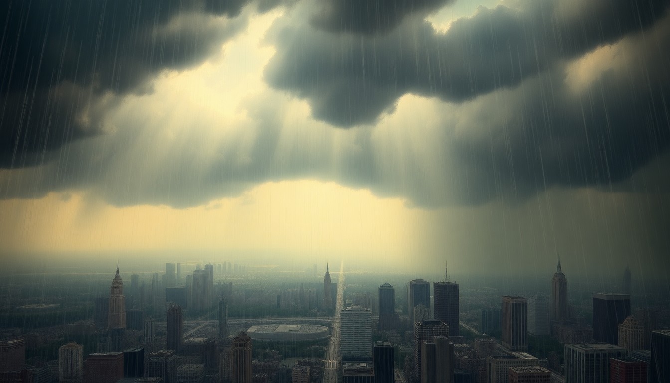 A sweeping, atmospheric landscape painting depicting a massive rainstorm overwhelming a Midwestern city, with the urban structures dwarfed by the dramatic, turbulent weather.