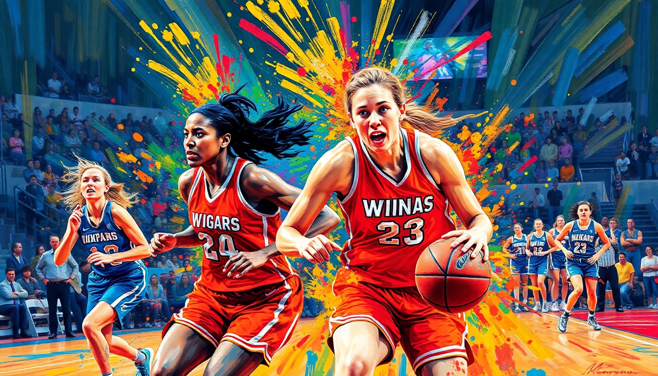 An abstract, expressionist painting in vibrant neon colors, capturing the energy and movement of a women's basketball game, with the players' forms dissolving into a blur of brushstrokes and splashes of color.