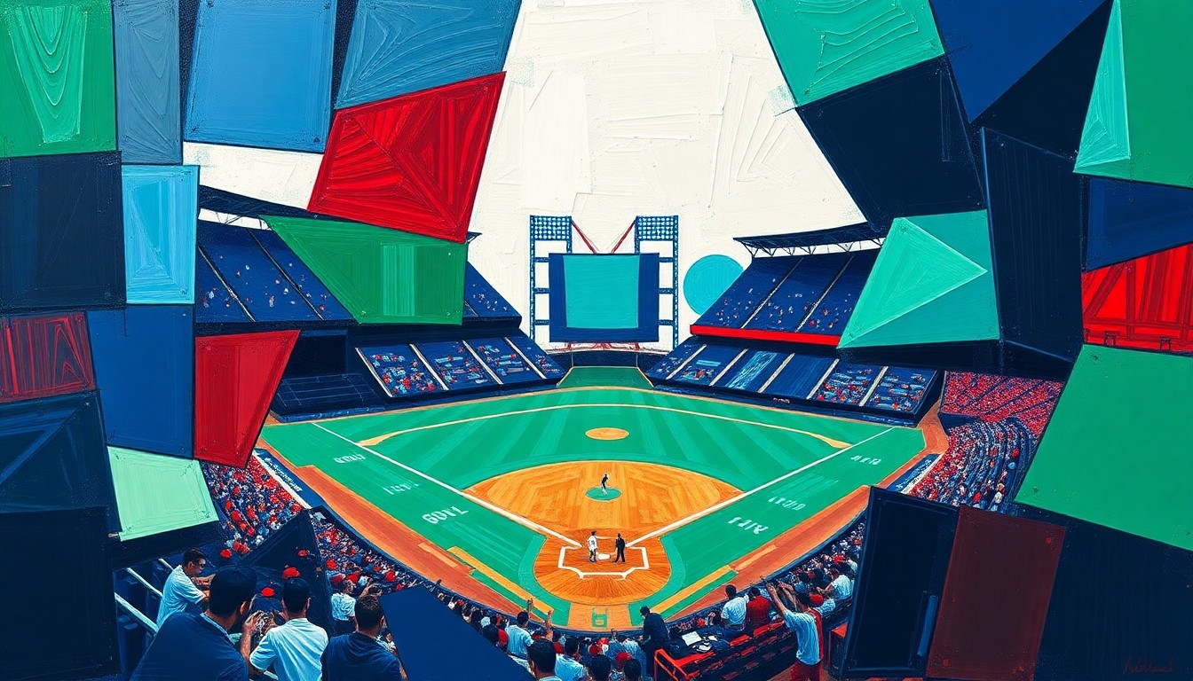 A fragmented, geometric painting depicting a baseball game from multiple angles, using bold colors and sharp lines to capture the dynamic movement of the sport.