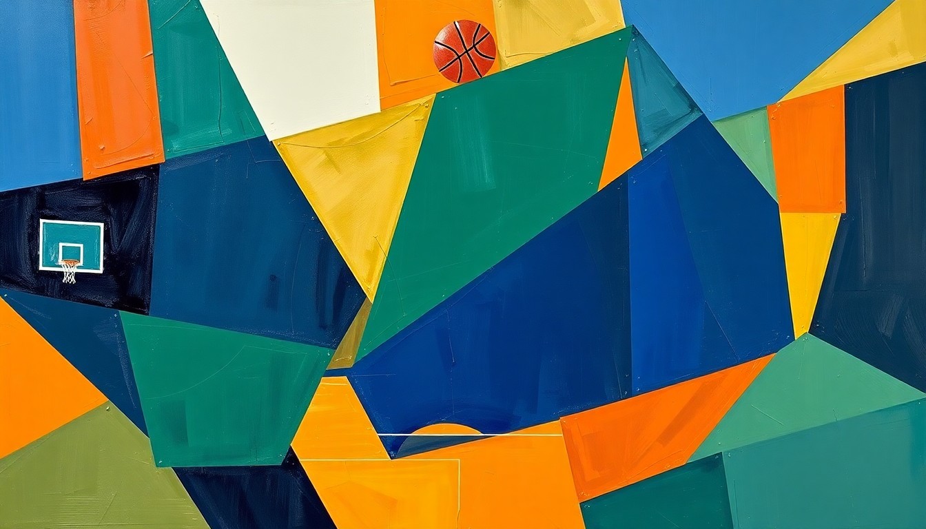A cubist, geometric painting depicting a high school basketball game, with overlapping planes of navy, green, and orange conveying the dynamic energy of the sport.