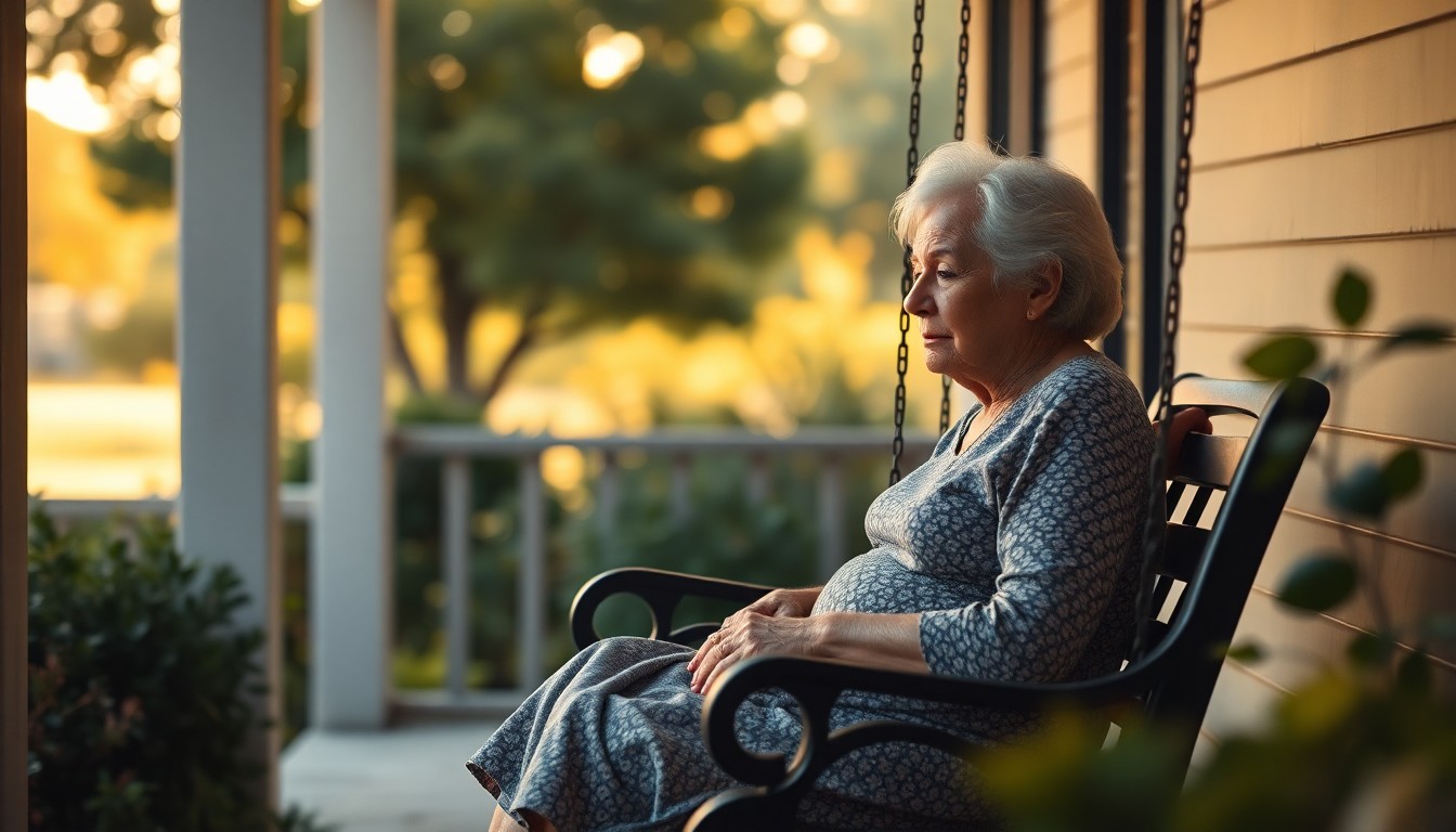 An extremely abstracted, out-of-focus photograph in soft, warm tones depicting an elderly woman sitting on a porch swing surrounded by greenery, conceptually representing the peaceful life and caring spirit of Shirley Marie King.