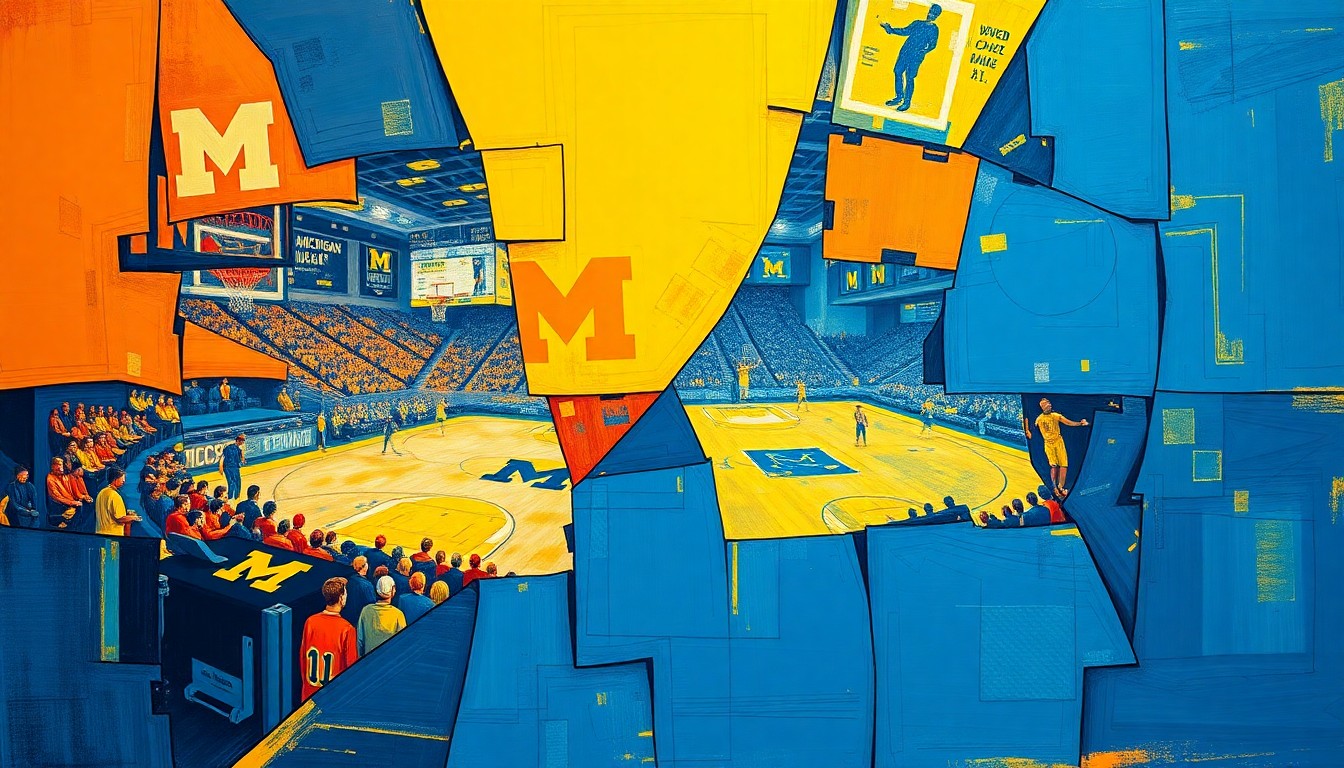 A cubist, geometric painting depicting overlapping scenes of a Michigan basketball game and a Michigan hockey game, with sharp, angular shapes and vibrant colors of maize and blue.