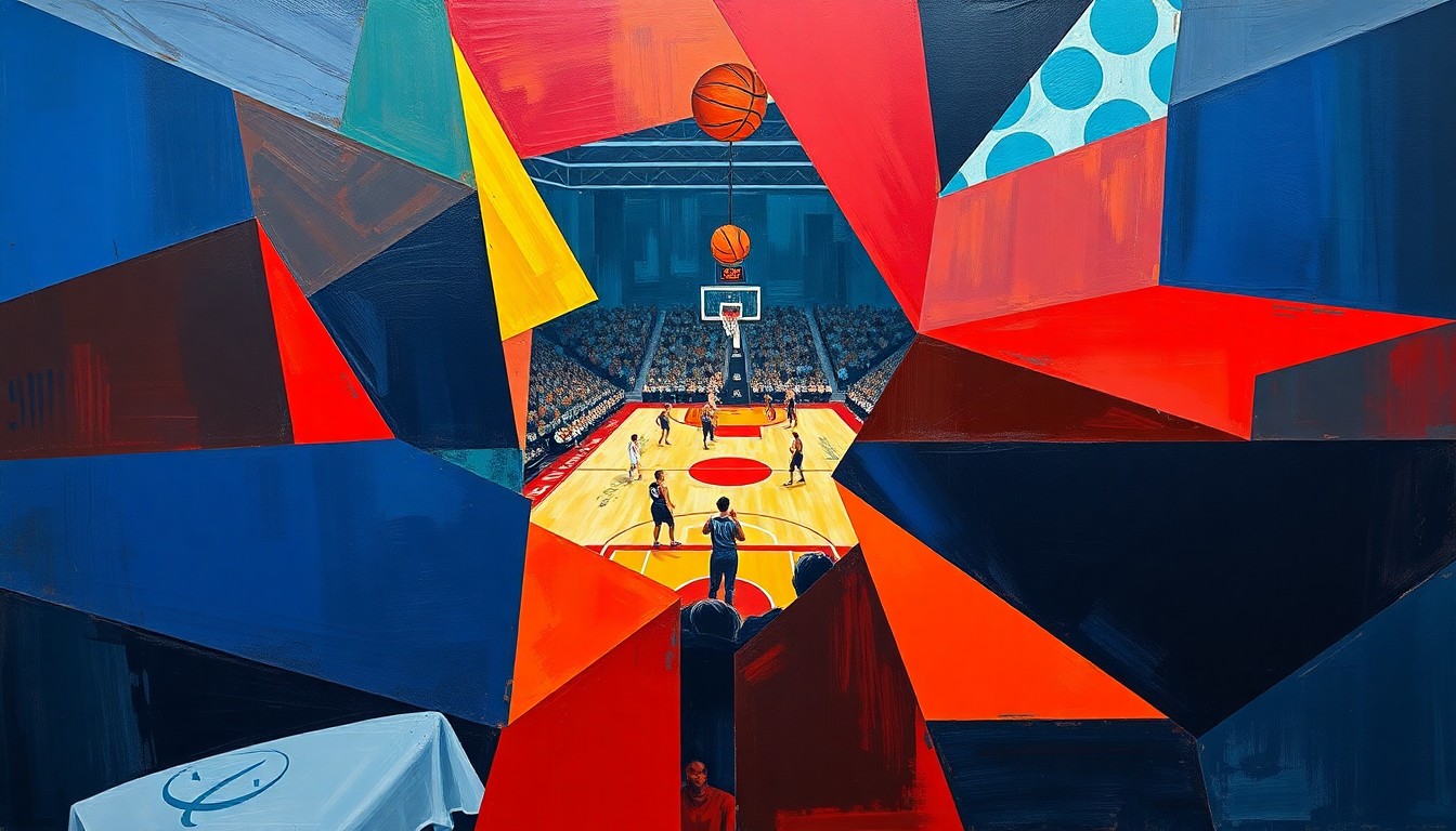 A dynamic, cubist-style painting featuring overlapping geometric shapes and planes in navy, red, and gold, capturing the energy and movement of a WNBA basketball game in an abstract, deconstructed style.