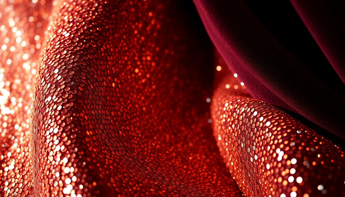 An extreme close-up of shimmering, metallic fabric in high-contrast studio lighting, creating a glamorous, high-fashion aesthetic that evokes the allure of celebrity and red-carpet style.