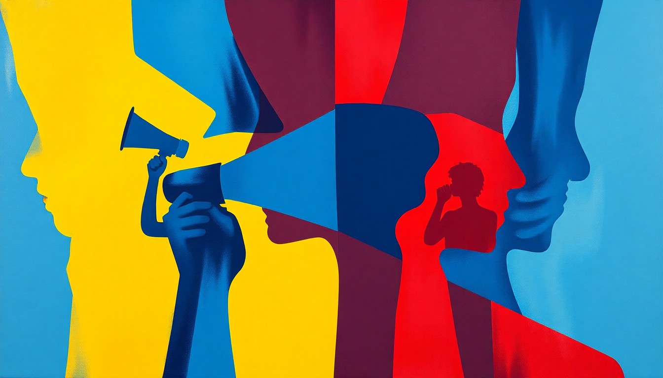 A dynamic, fragmented painting in bold colors depicting the silhouette of a person holding a megaphone, conveying the conceptual clash between political activism and institutional transparency.