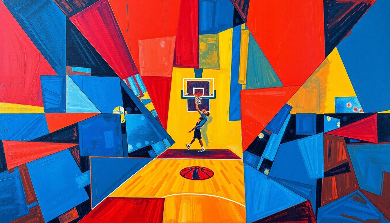 A fragmented, cubist-style painting depicting the dynamic action of a basketball game, with overlapping geometric shapes and planes in a bold color scheme representing the energy and intensity of the sport.