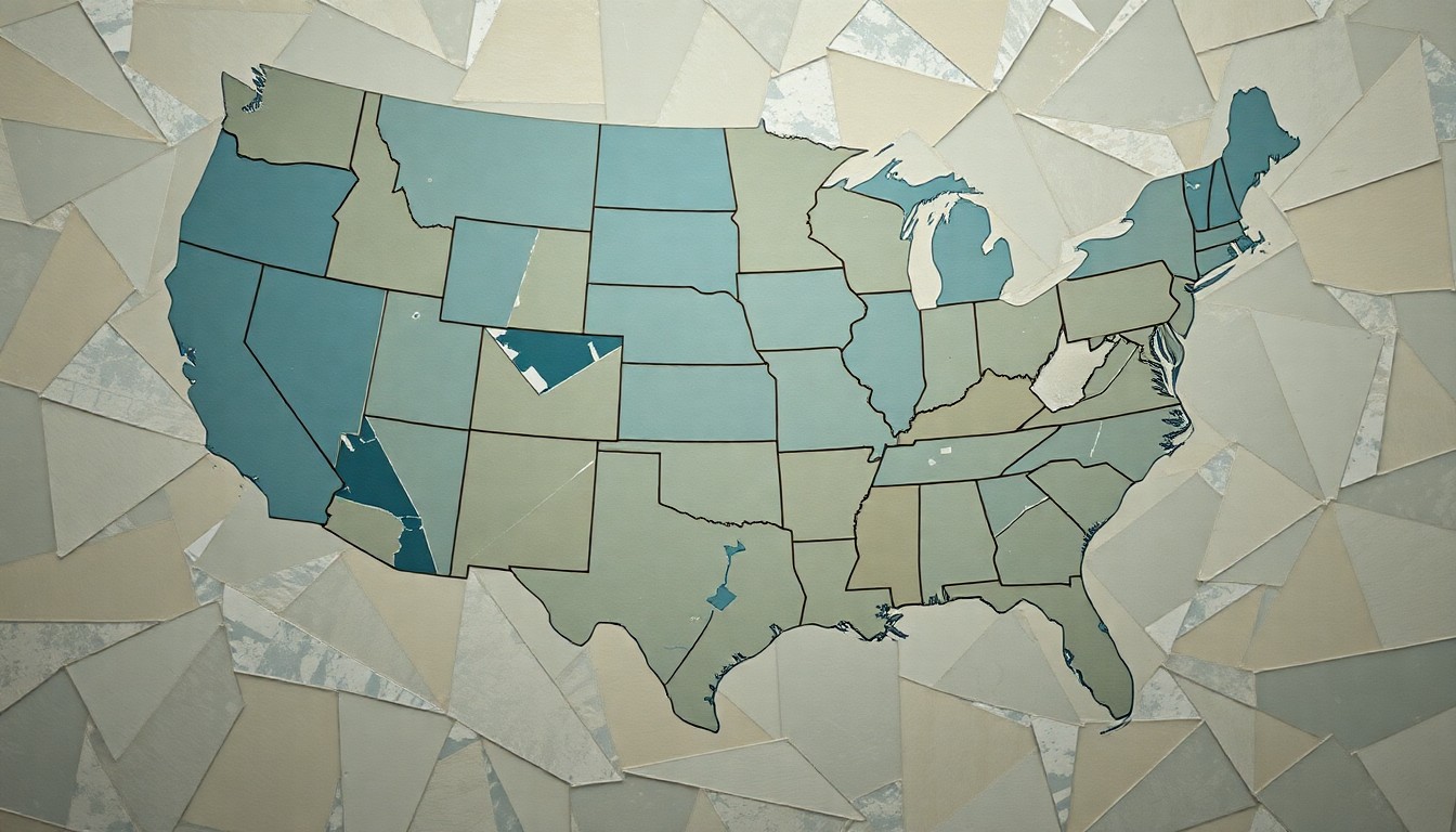 A dynamic, fragmented painting depicting a map of the United States, with areas of population decline represented by shattered, angular shapes in muted colors, conveying the turbulent demographic shifts occurring across the country.