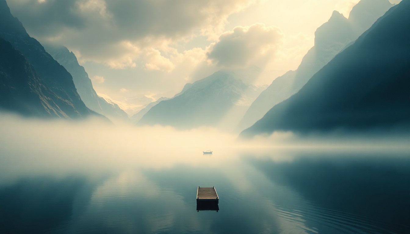 A vast, atmospheric landscape painting depicting a serene lake surrounded by towering mountains, conveying the sublime scale and remote beauty of the natural setting.