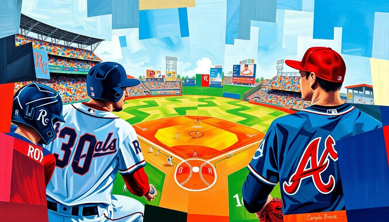 A dynamic, abstract painting featuring overlapping geometric shapes and planes in the colors of the Royals and Braves uniforms, conveying the motion and excitement of a baseball game.