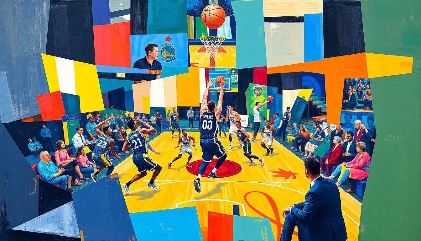A fragmented, geometric painting in bold colors depicting overlapping basketball players and court elements, conveying the fast-paced action of the game.