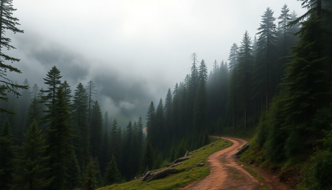 A serene, atmospheric landscape painting depicting a misty forest trail winding through a heavily wooded area, with the trail obscured by thick fog and any visible structures or human figures dwarfed by the overwhelming scale of the natural environment.