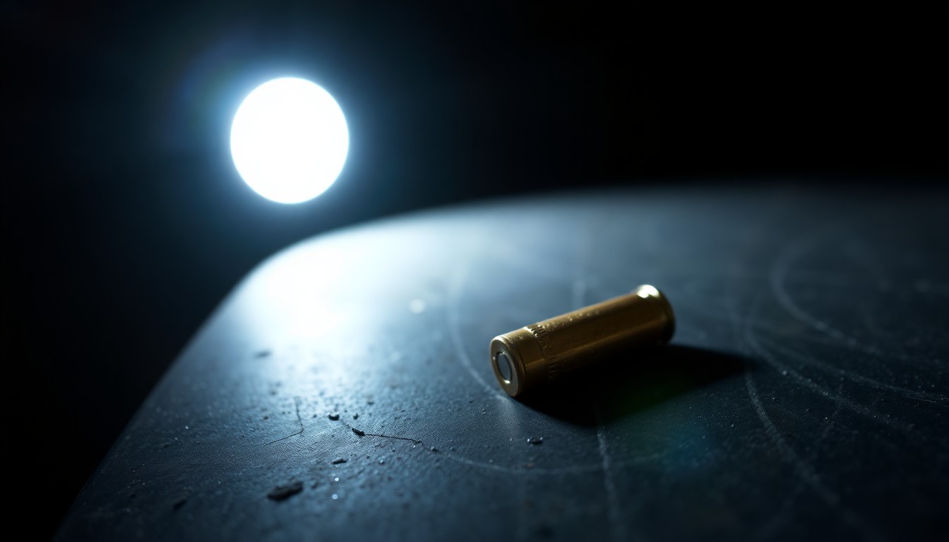 An extreme close-up photograph of a single spent bullet casing on a dark surface, lit by a harsh, direct camera flash, conceptually representing the aftermath of a violent crime.