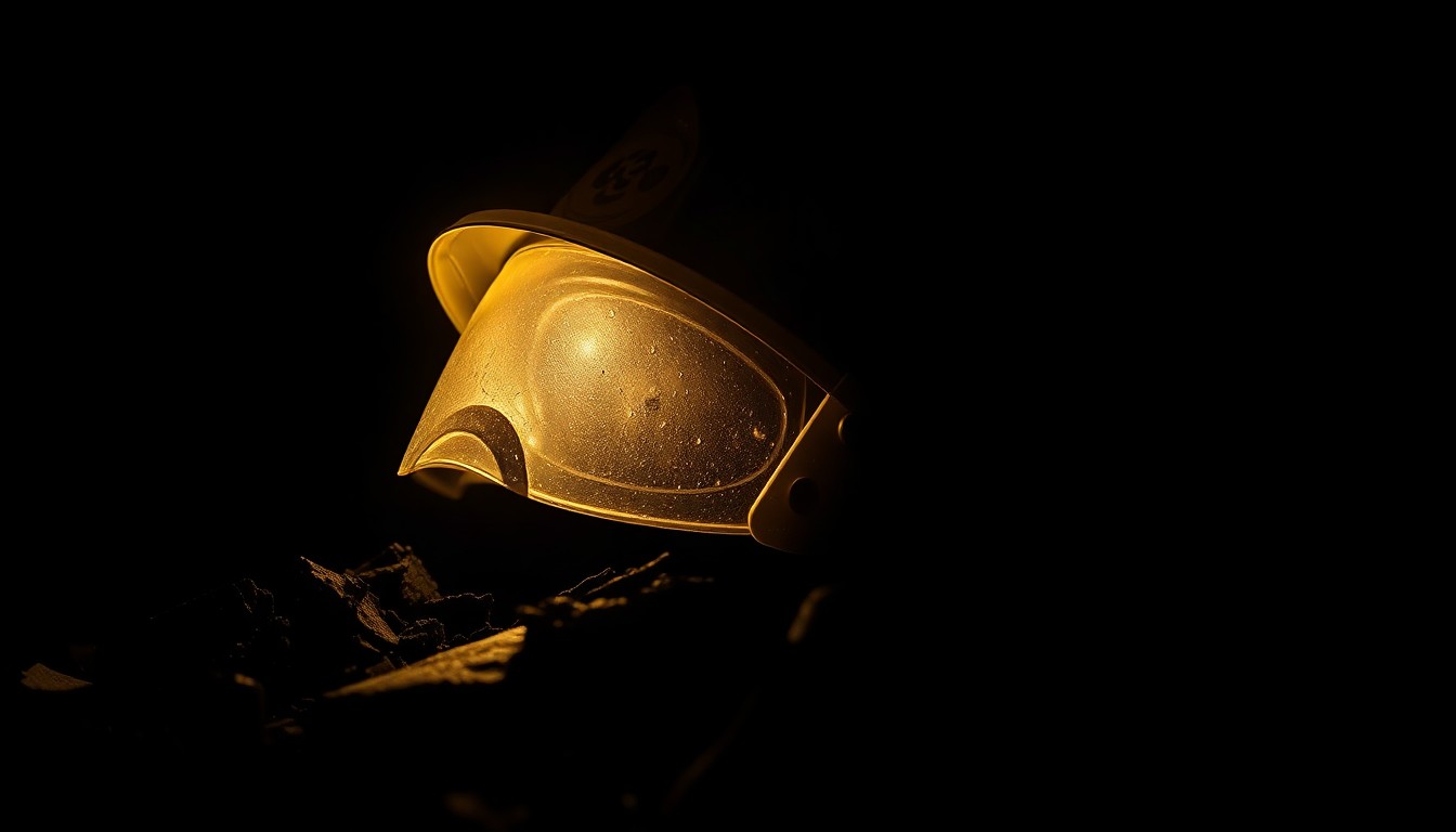 An extreme close-up photograph of a firefighter's helmet and charred debris, lit by a harsh, direct camera flash against a pitch-black background, creating a stark, gritty, investigative aesthetic.